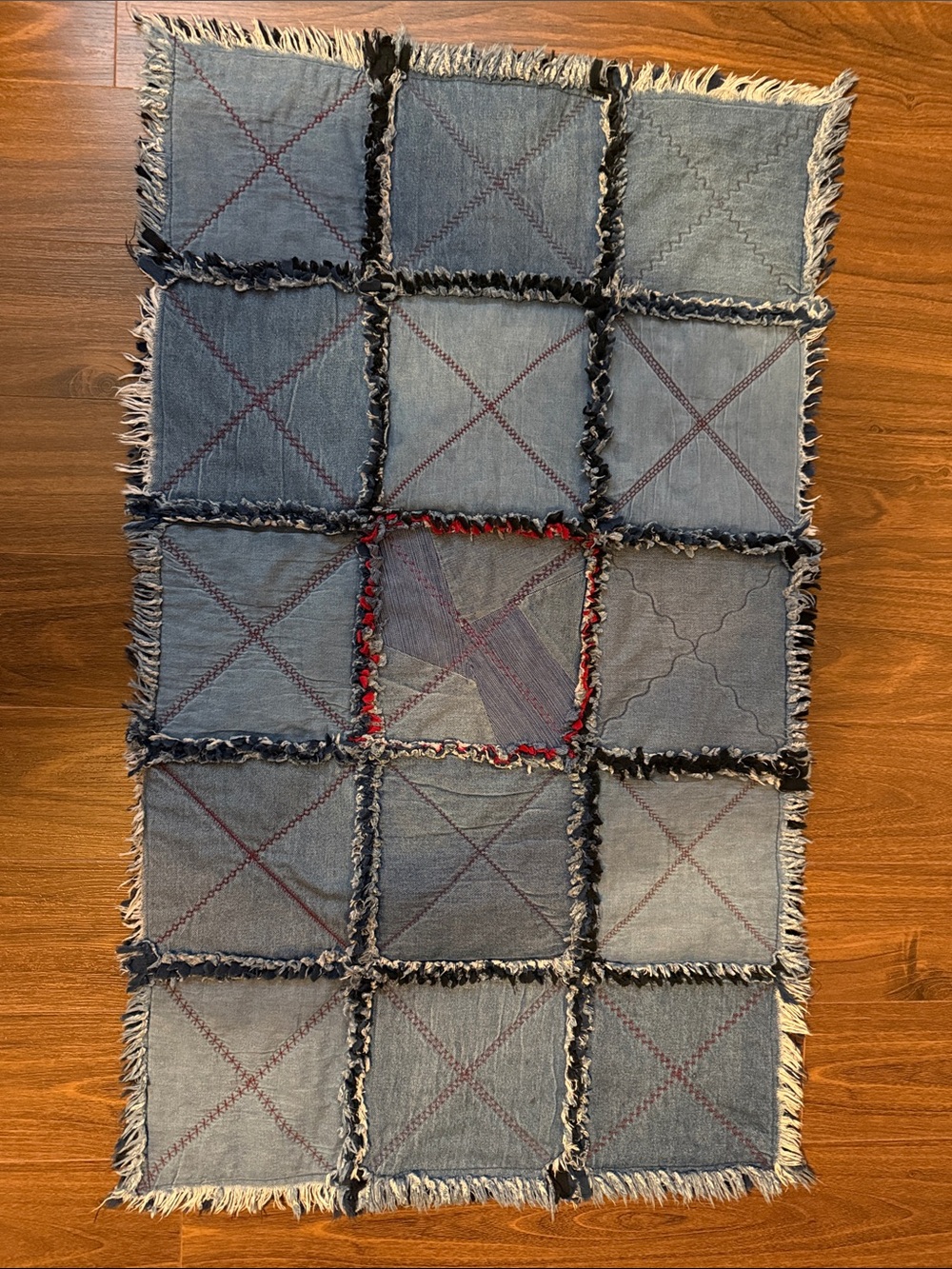 Patchwork Denim Rug or baby/lap throw. Blue with Red  and black Accent